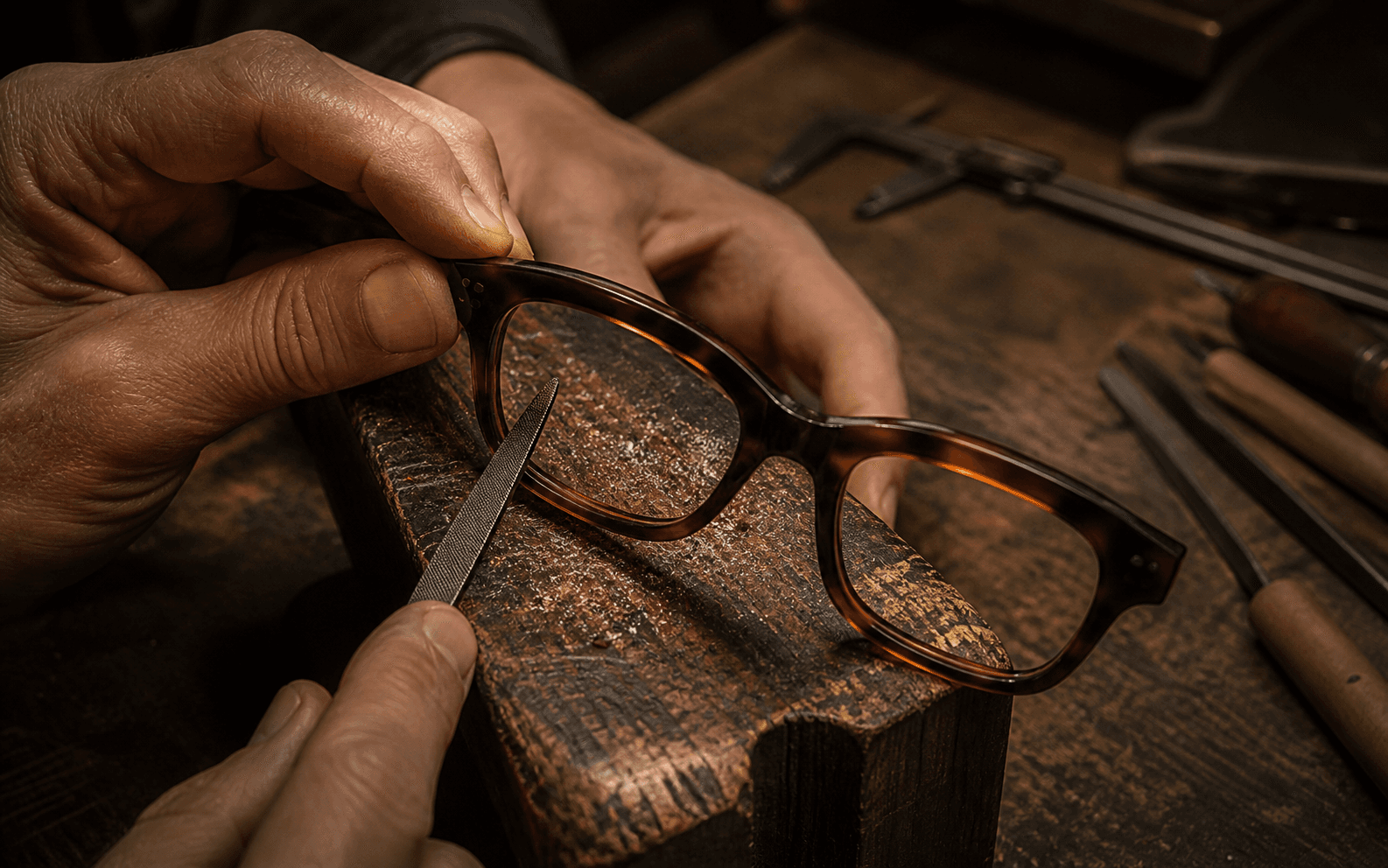 Craftsperson hand-finishing a tortoiseshell acetate frame front