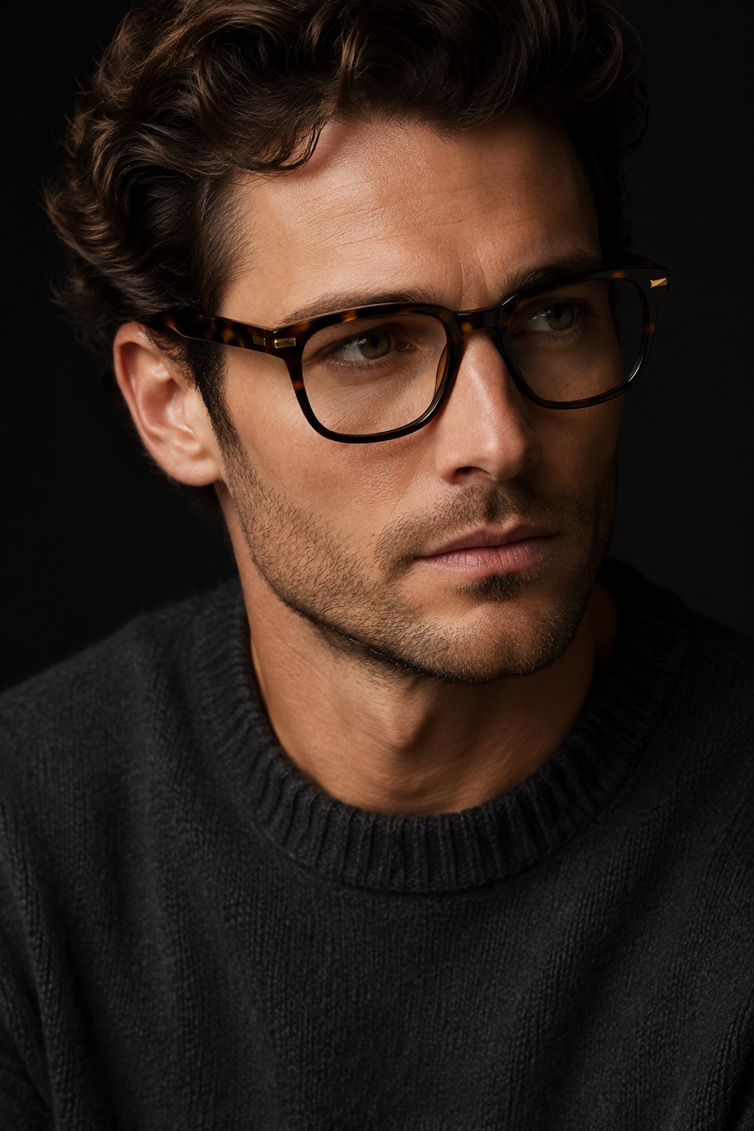 Man wearing an Elistro tortoiseshell optical frame, dark editorial portrait